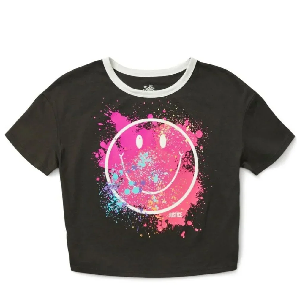 JUSTICE Boxy Split Hem Smily Shirt GIRLS SIZE M 10 Black NEW
